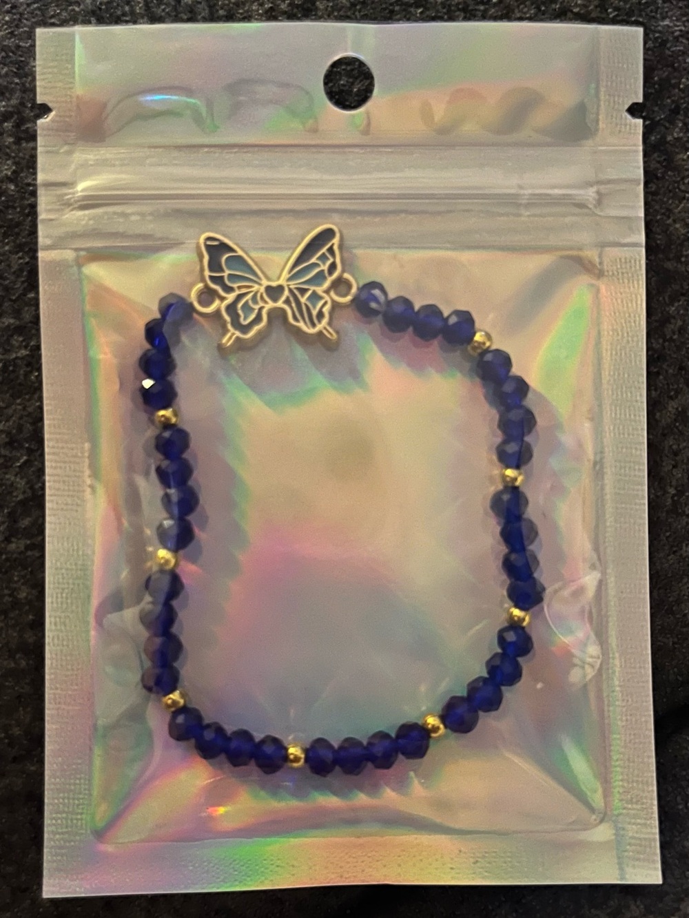 Gold Butterfly Charm Bracelet with Royal Blue Beads
